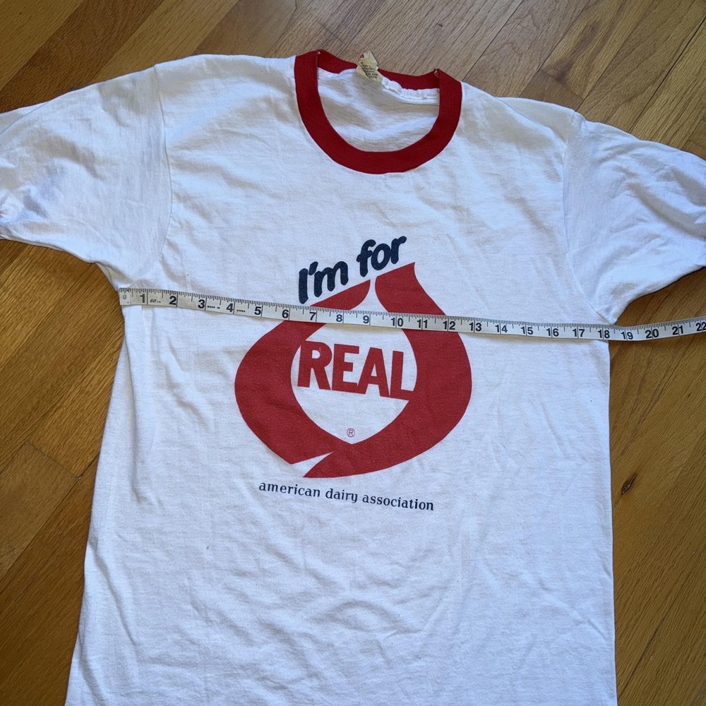 Vintage Screen Stars Shirt Mens L White Ringer I'm For Real Dairy Promo 80s‎ Tee - Picture 10 of 11